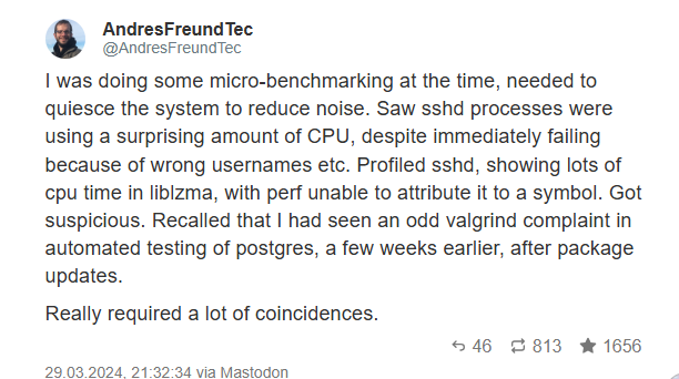 Andres Freund reporting the backdoor in Linux via Mastodon (Twitter alternative)